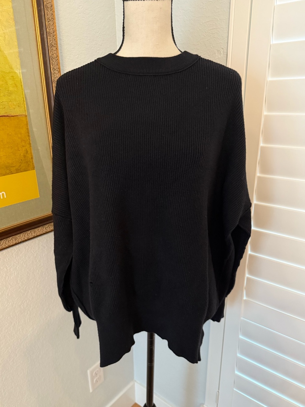 Oversized Knit Sweater, Batwing Long Sleeve, Crew Neck Side Slit